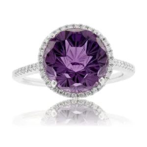 Fancy Daisy Cut Amethyst with Diamond Halo Ring