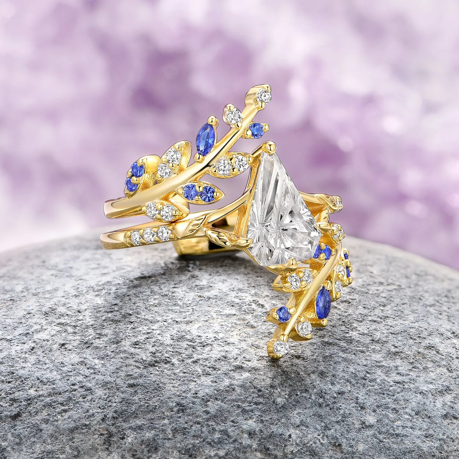 Fantasy Shield Cut Diamond (cz) & Blue Sapphire Leaf Ring Set- 14K Yellow Gold Vermeil