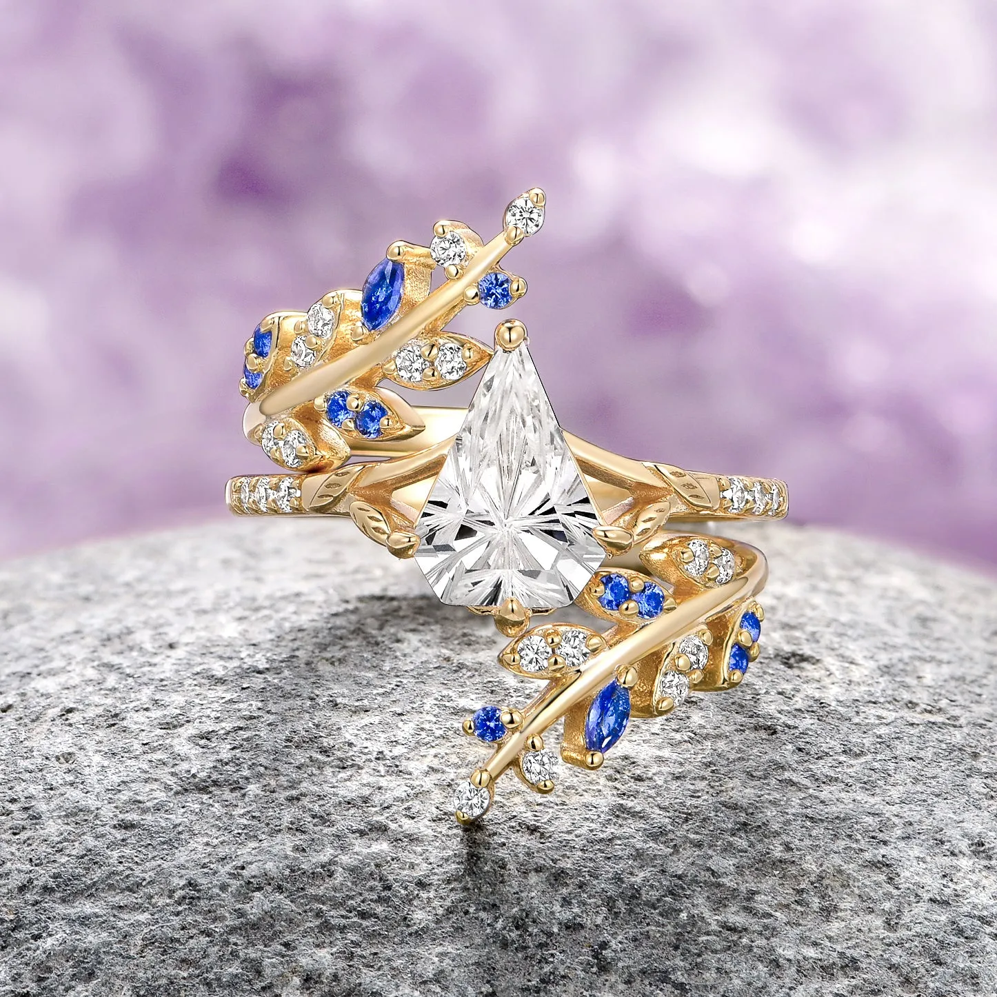 Fantasy Shield Cut Diamond (cz) & Blue Sapphire Leaf Ring Set- 14K Yellow Gold Vermeil