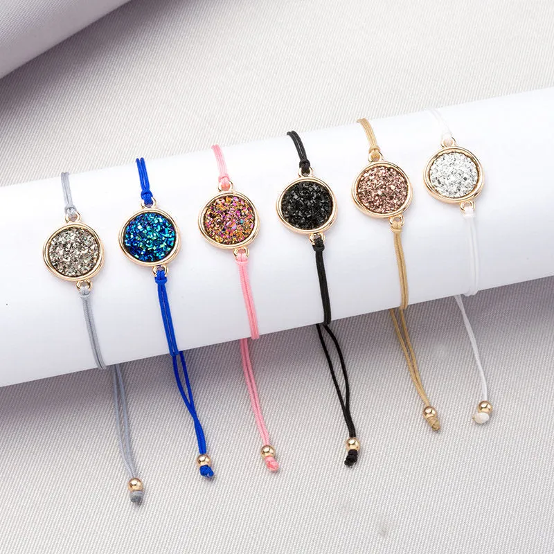 Fashion Round Druzy Drusy Bracelet Faux Resin Druse Stone Adjustable Rope Cord Bracelet Jewelry for Women/Girlfriend Gift