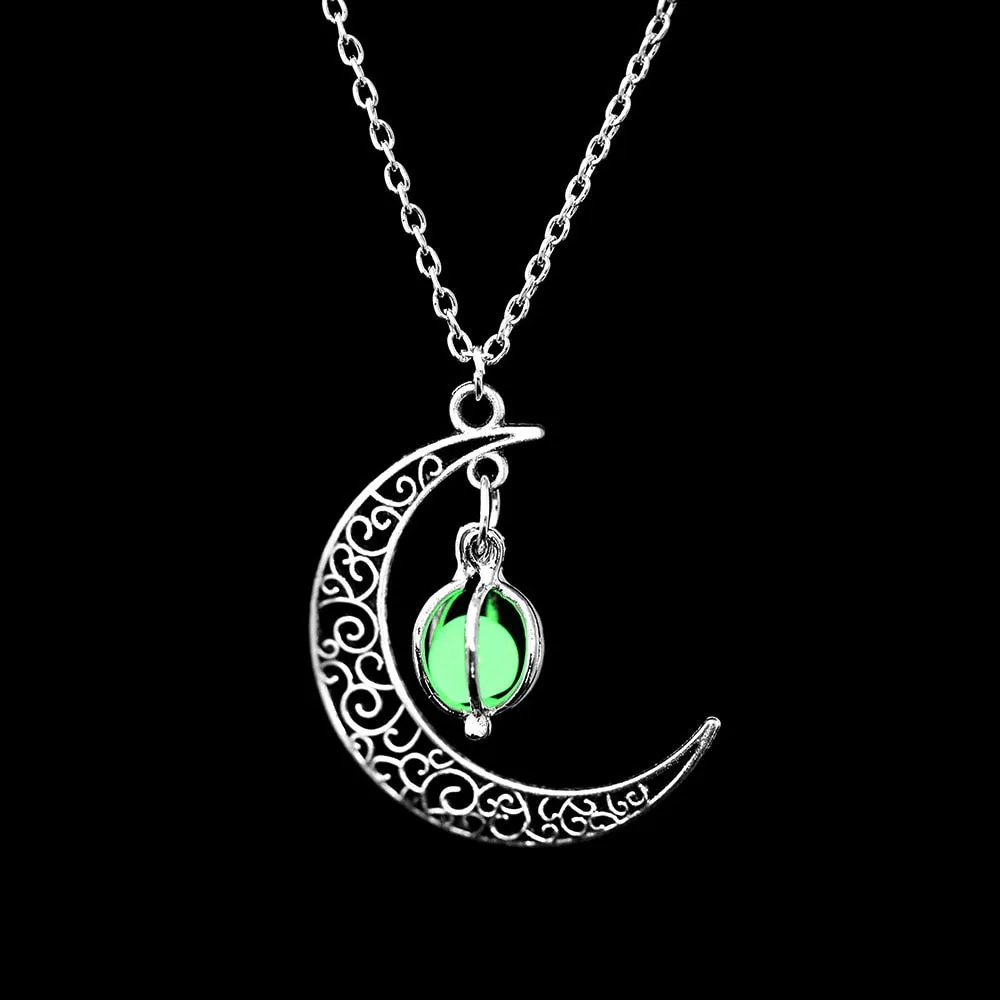 Fashion Silver Color Charm Luminous Pendant Necklace Women Moon Glowing Stone Necklace