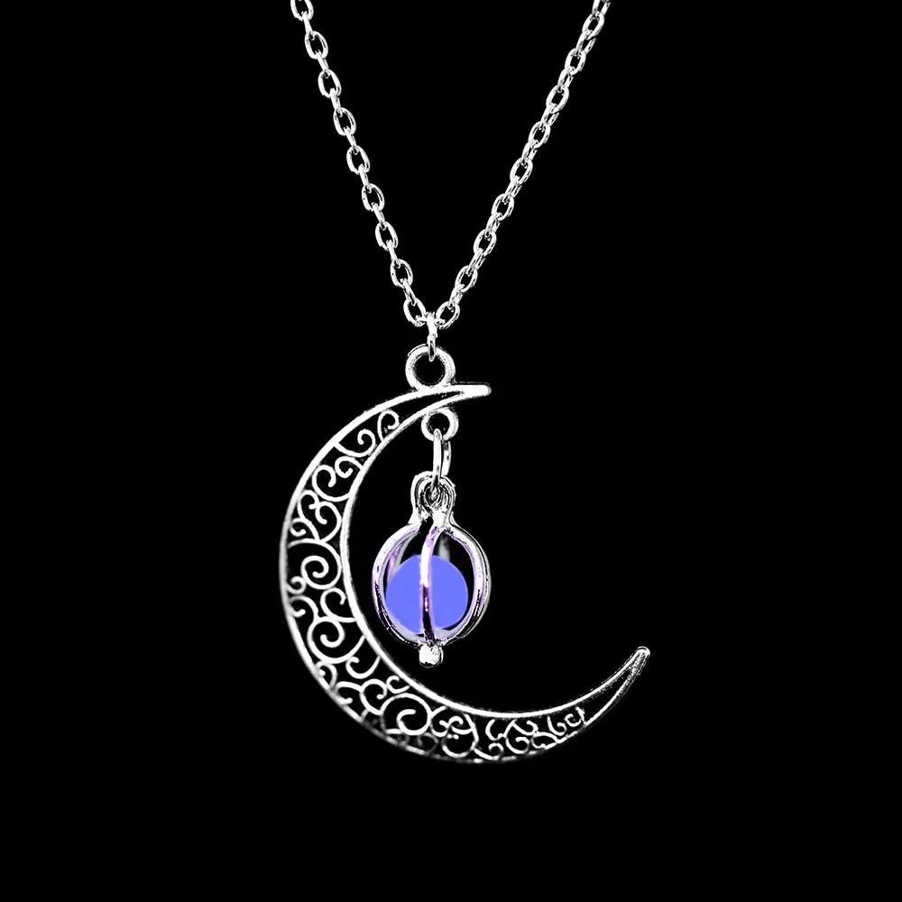 Fashion Silver Color Charm Luminous Pendant Necklace Women Moon Glowing Stone Necklace