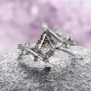 Galaxy Raw Salt & Pepper ( Herkimer Diamond) Leaf Ring- Sterling Silver