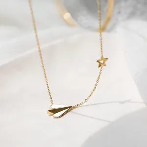 Gold Paper Airplane Necklace with Star Charm – Whimsical and Trendy Jewelry-jltn0607