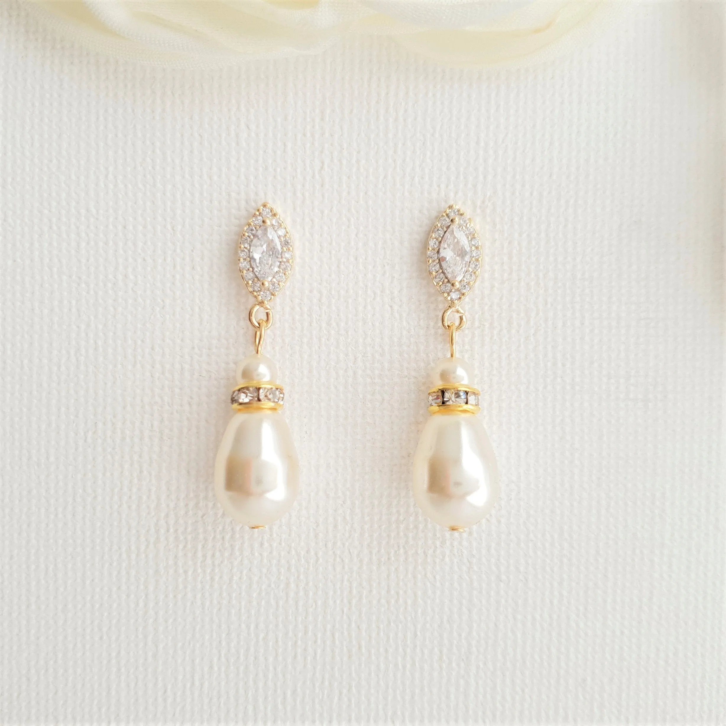 Gold Teardrop Pearl Earrings for Weddings- Ella