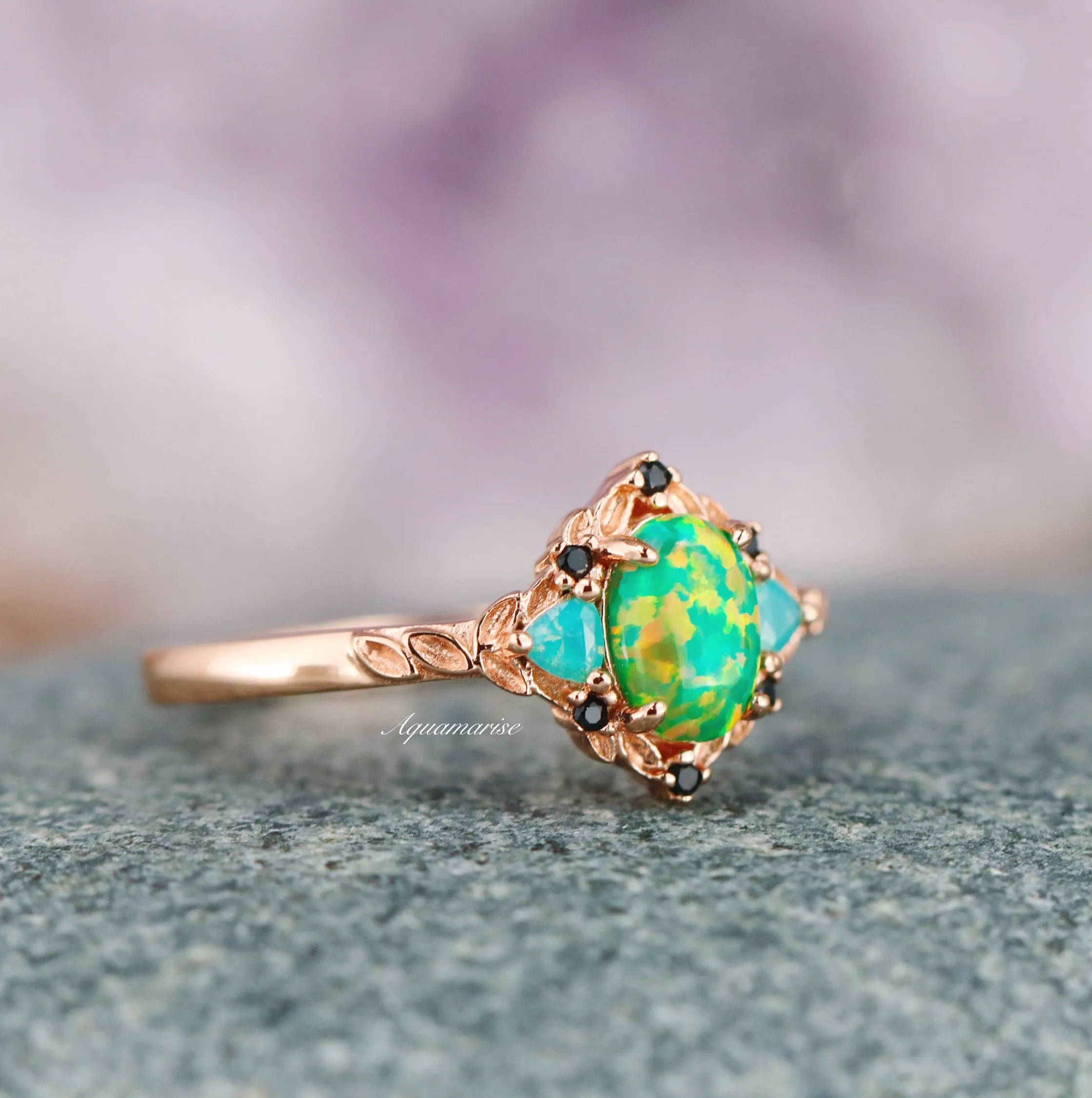 Green Fire Opal & Opalescent Sapphire Leaf Ring- 14K Rose Gold Vermeil