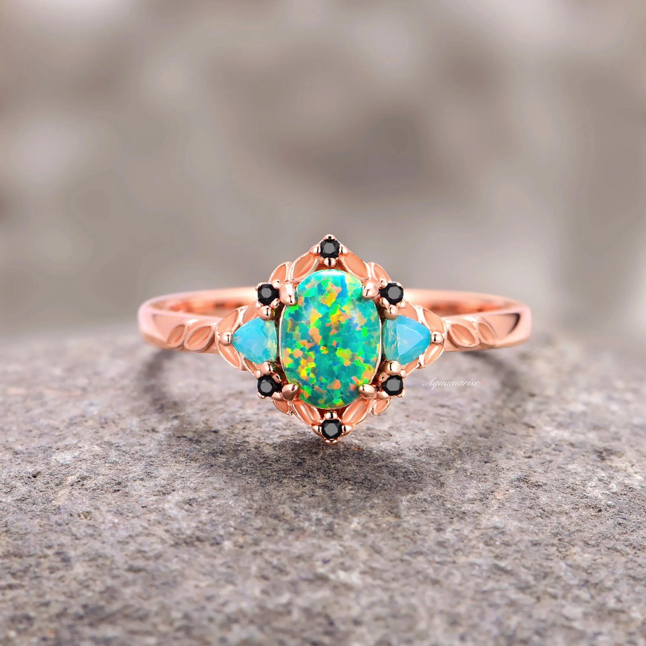 Green Fire Opal & Opalescent Sapphire Leaf Ring- 14K Rose Gold Vermeil