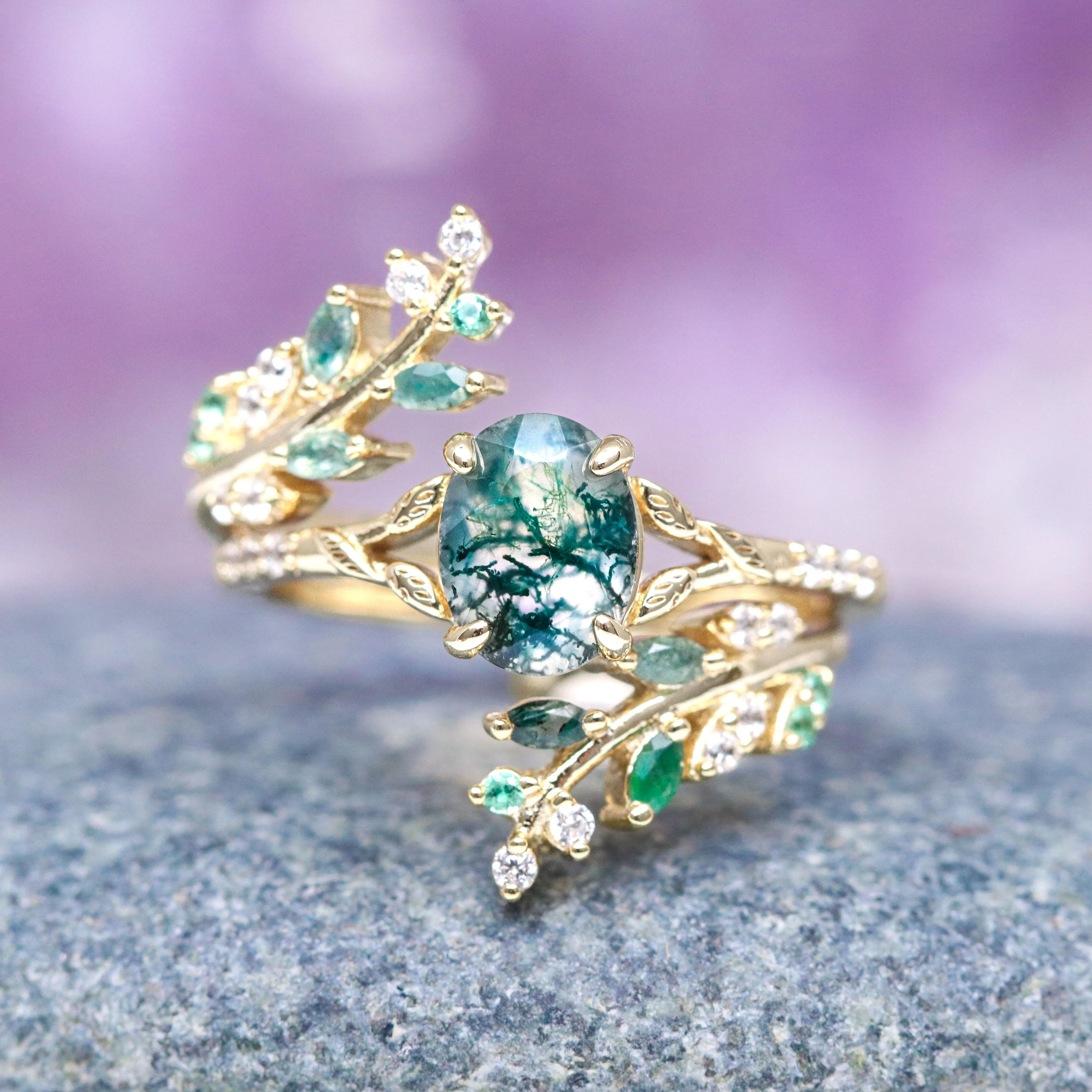 Green Moss Agate & Emerald Leaf Ring Set- 14K Yellow Gold Vermeil