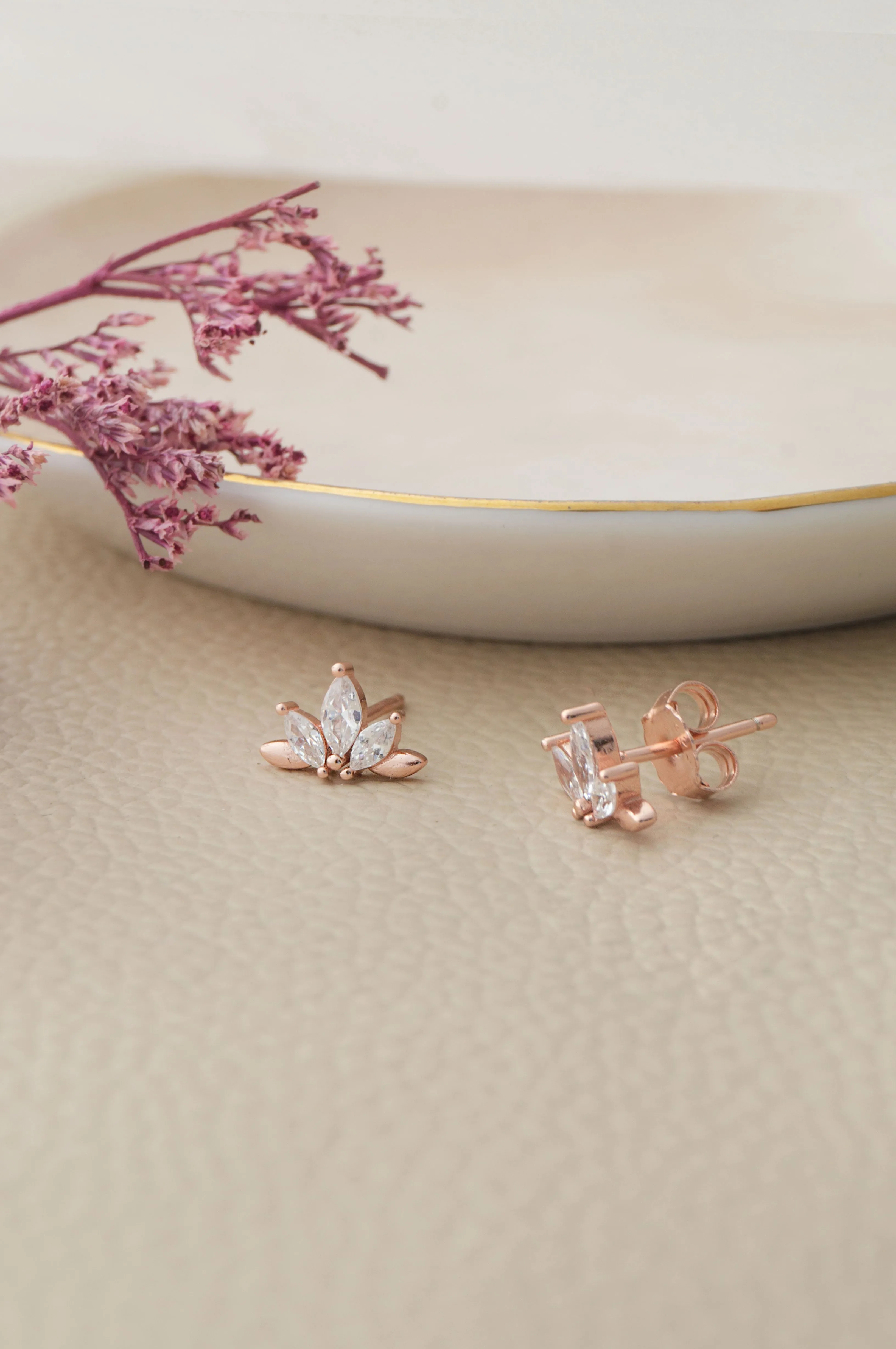 Half Flower Rose Gold Plated Sterling Silver Stud Earrings