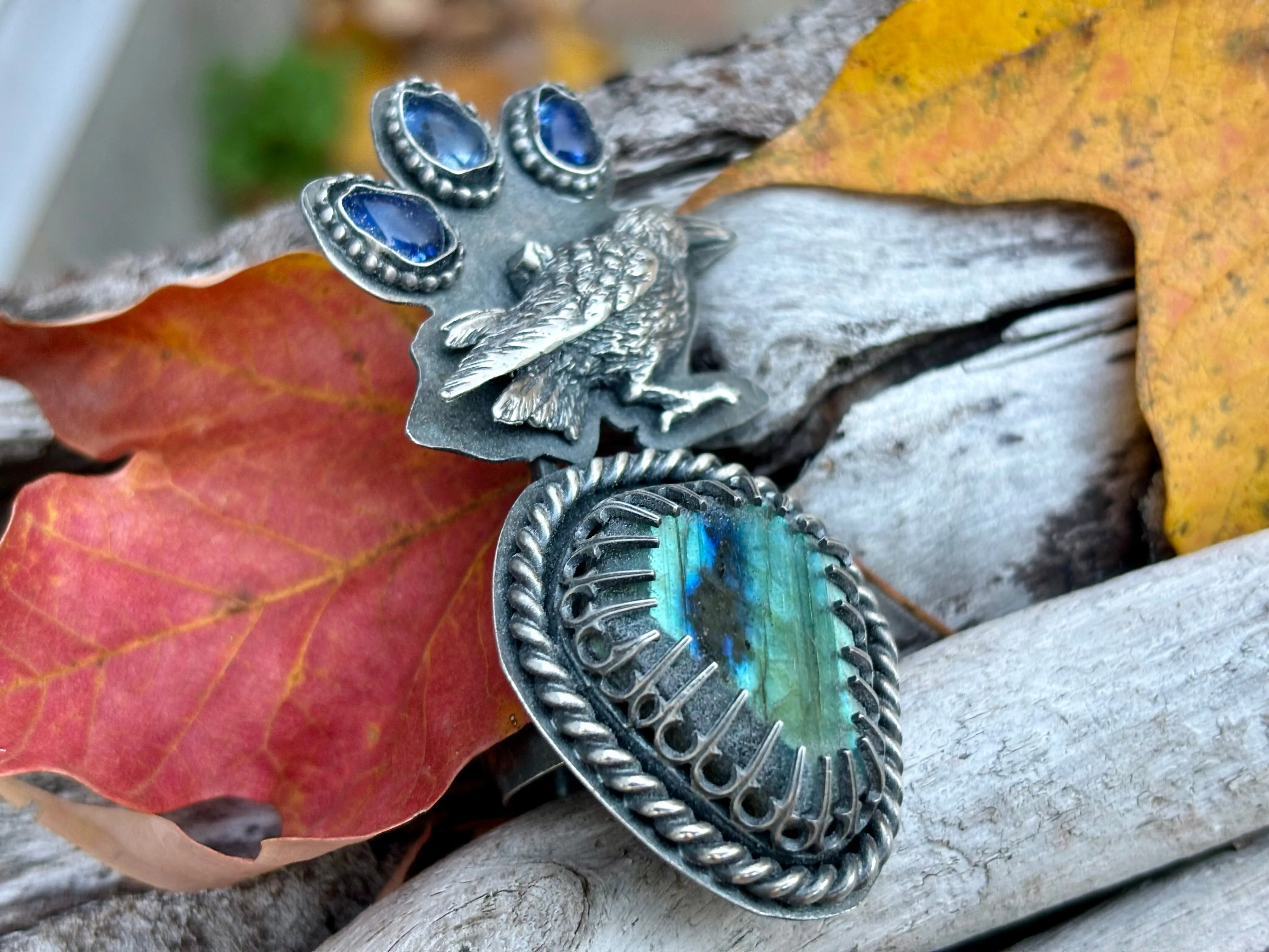 Halloween Black Crow Sterling Silver Labradorite Kayanite Ring