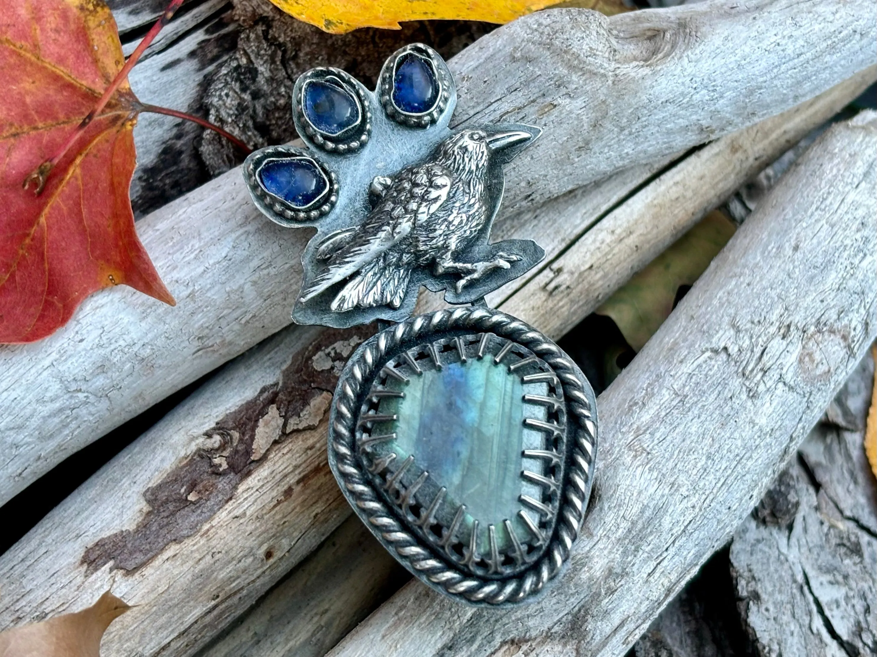 Halloween Black Crow Sterling Silver Labradorite Kayanite Ring