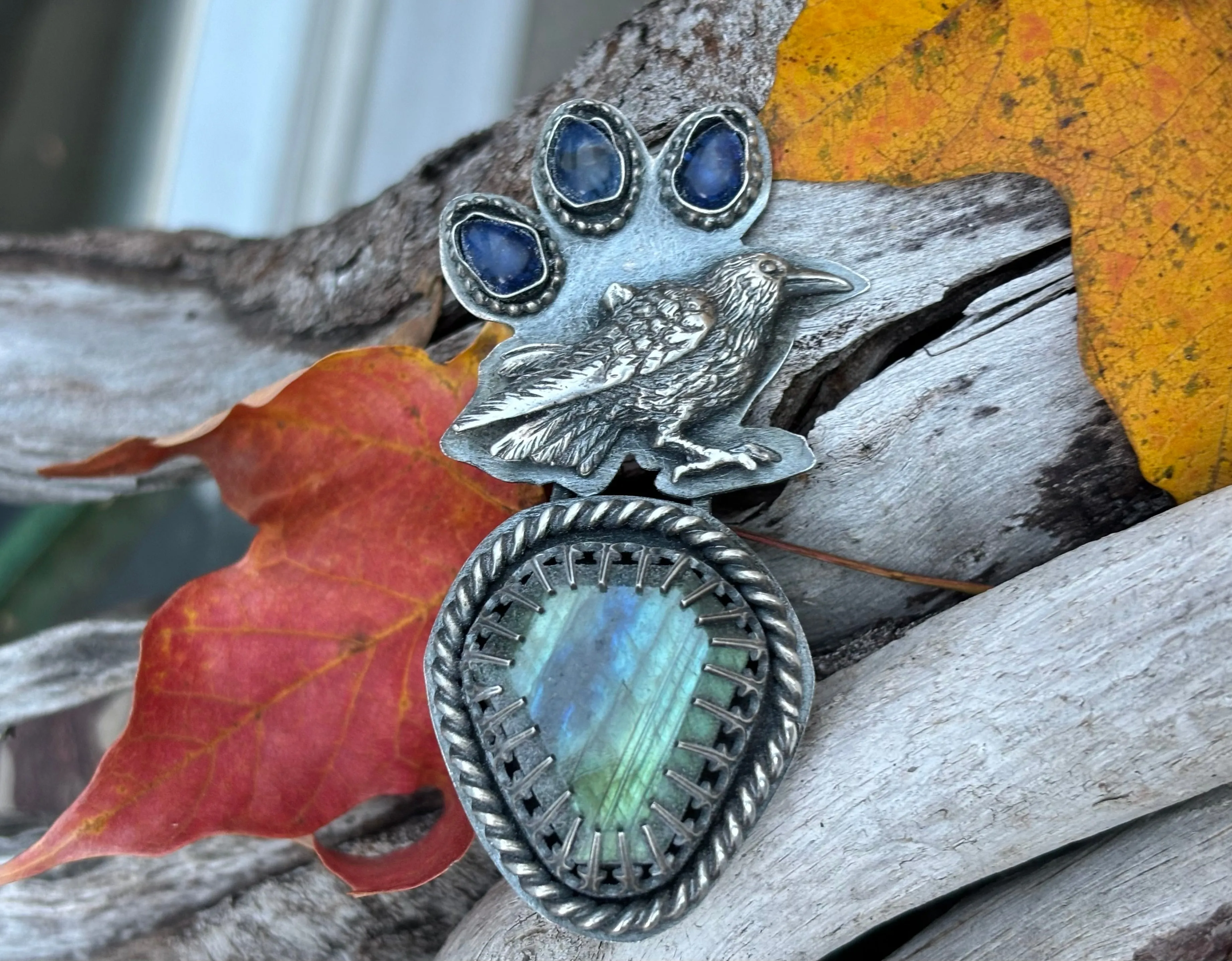 Halloween Black Crow Sterling Silver Labradorite Kayanite Ring