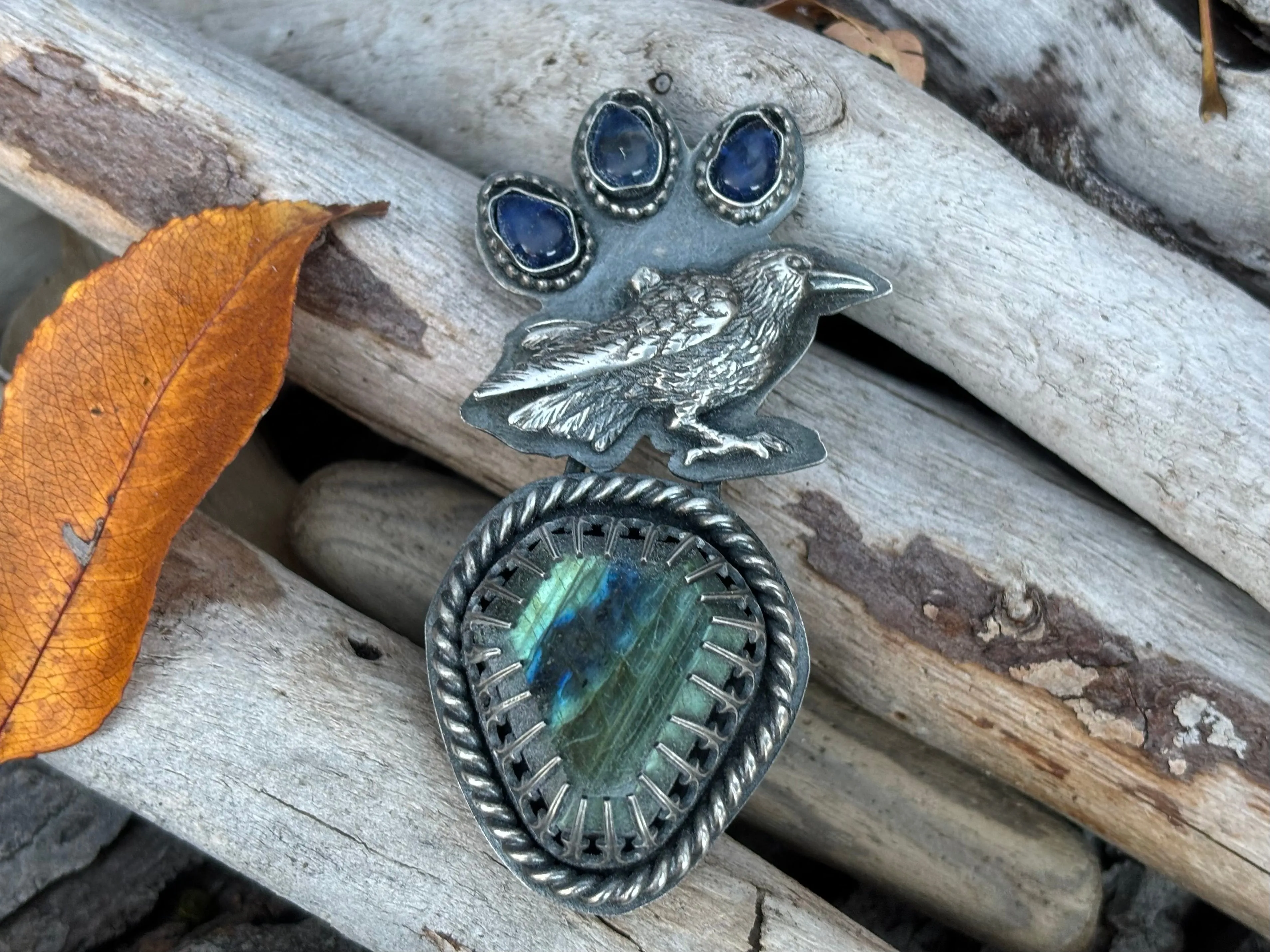 Halloween Black Crow Sterling Silver Labradorite Kayanite Ring