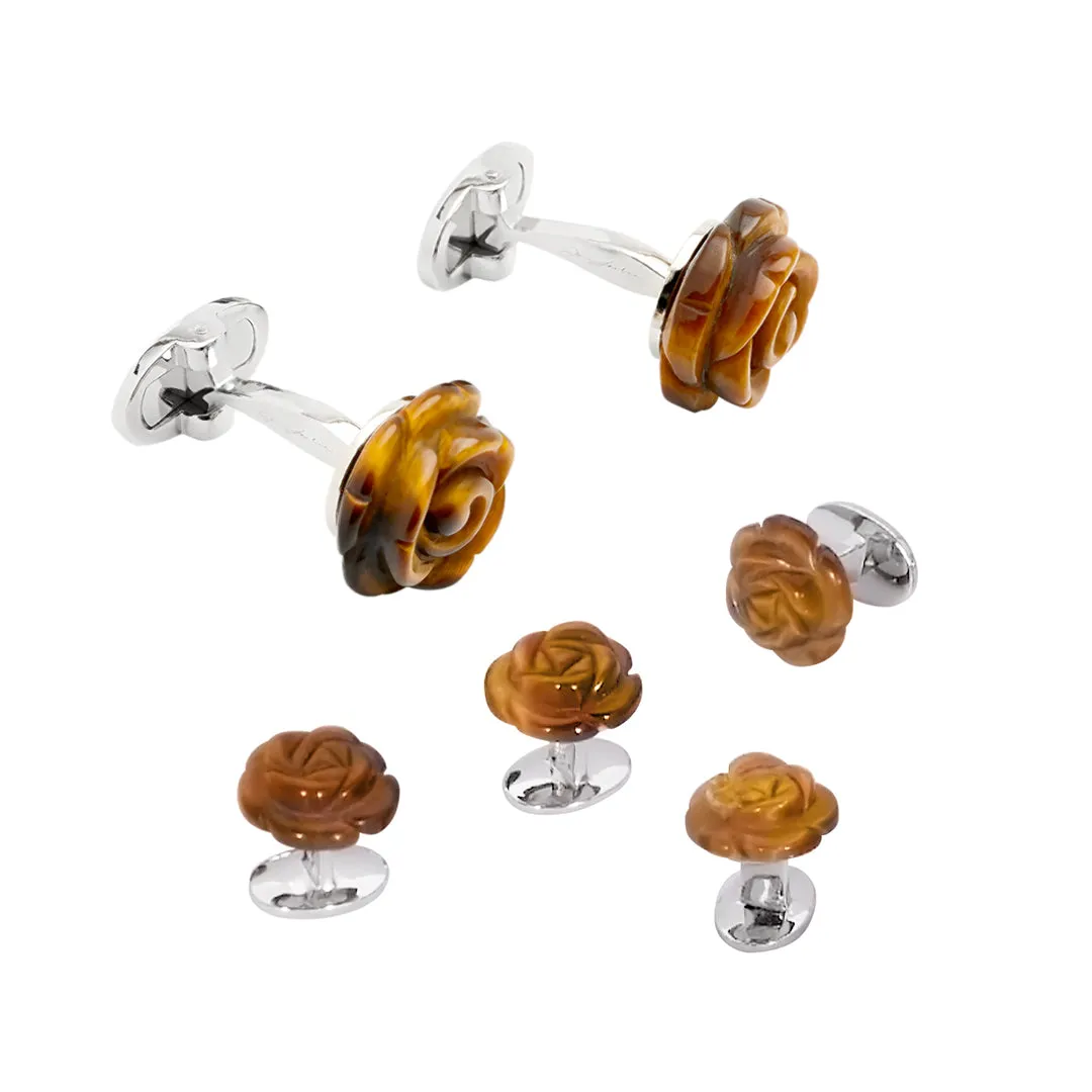 Hand Carved Tiger Eye Rose Sterling Silver Cufflinks and Tuxedo Studs