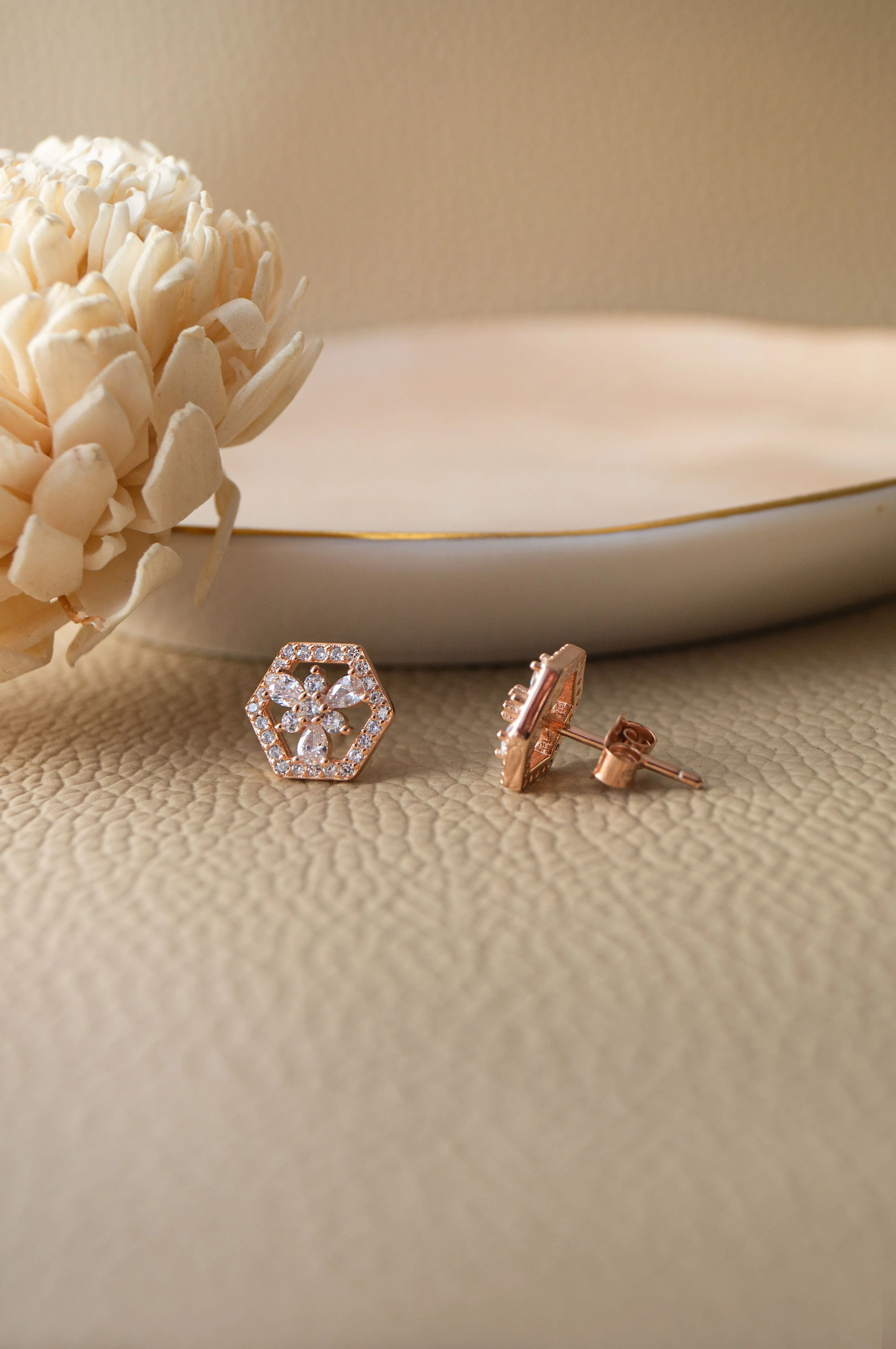 Hexagon With A Flower Rose Gold Plated Sterling Silver Stud Earrings