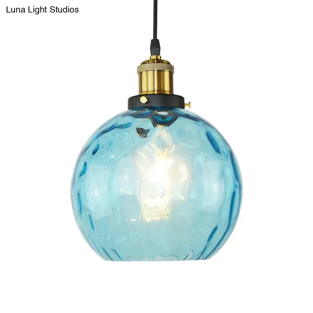 Industrial Globe Pendant Light with Blue Dimpled Glass Shade - 1 Light Ceiling Fixture for Living Room