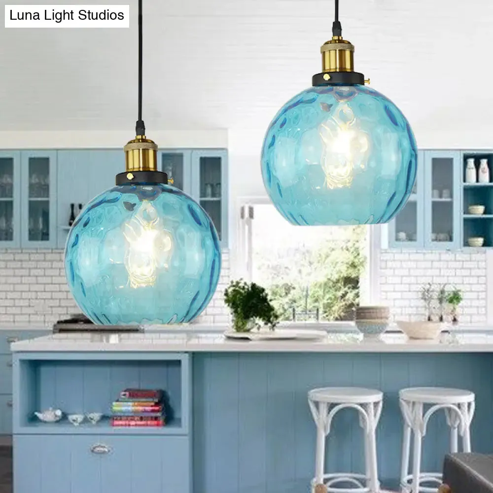 Industrial Globe Pendant Light with Blue Dimpled Glass Shade - 1 Light Ceiling Fixture for Living Room