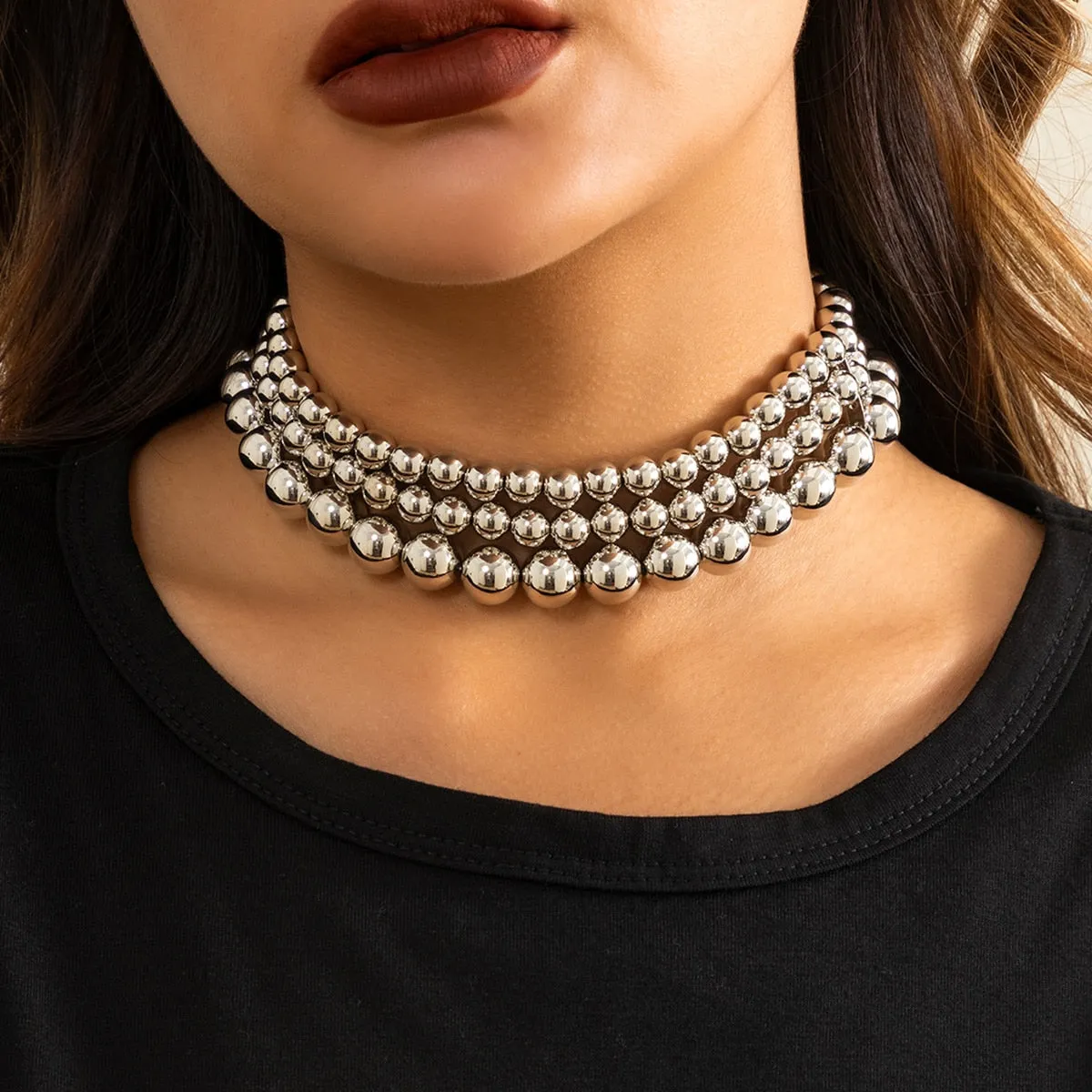 IngeSight.Z Vintage Exaggerated Plastic Big Ball Choker Necklace for Women Multi Layered Chunky Thick Clavicle Necklaces Jewelry