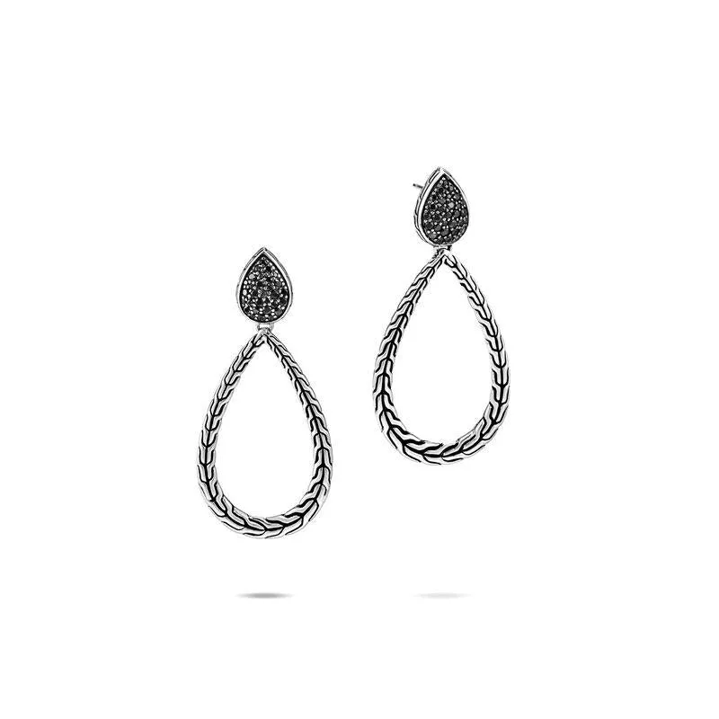 John Hardy Classic Chain Hammered Sterling Silver Black Sapphire Teardrop Dangle Earrings