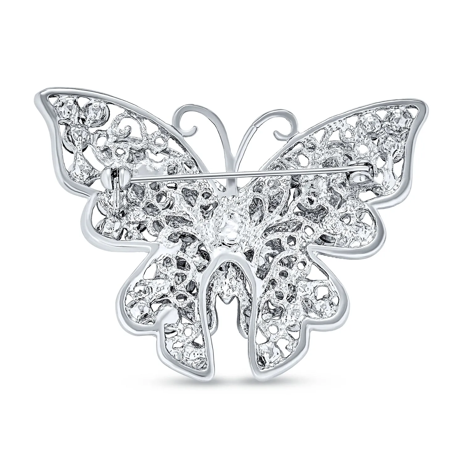 Large Crystal Filigree Butterfly Brooche Pin for Fashion Statement Silver Plated Brass