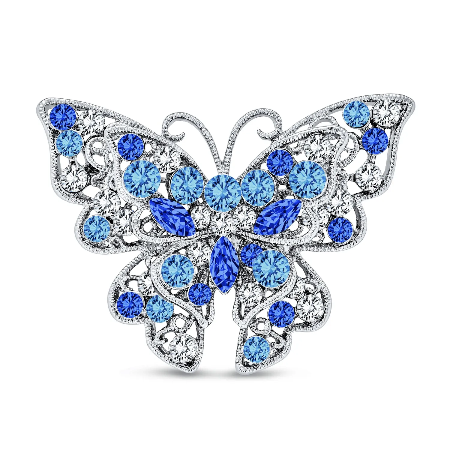 Large Crystal Filigree Butterfly Brooche Pin for Fashion Statement Silver Plated Brass