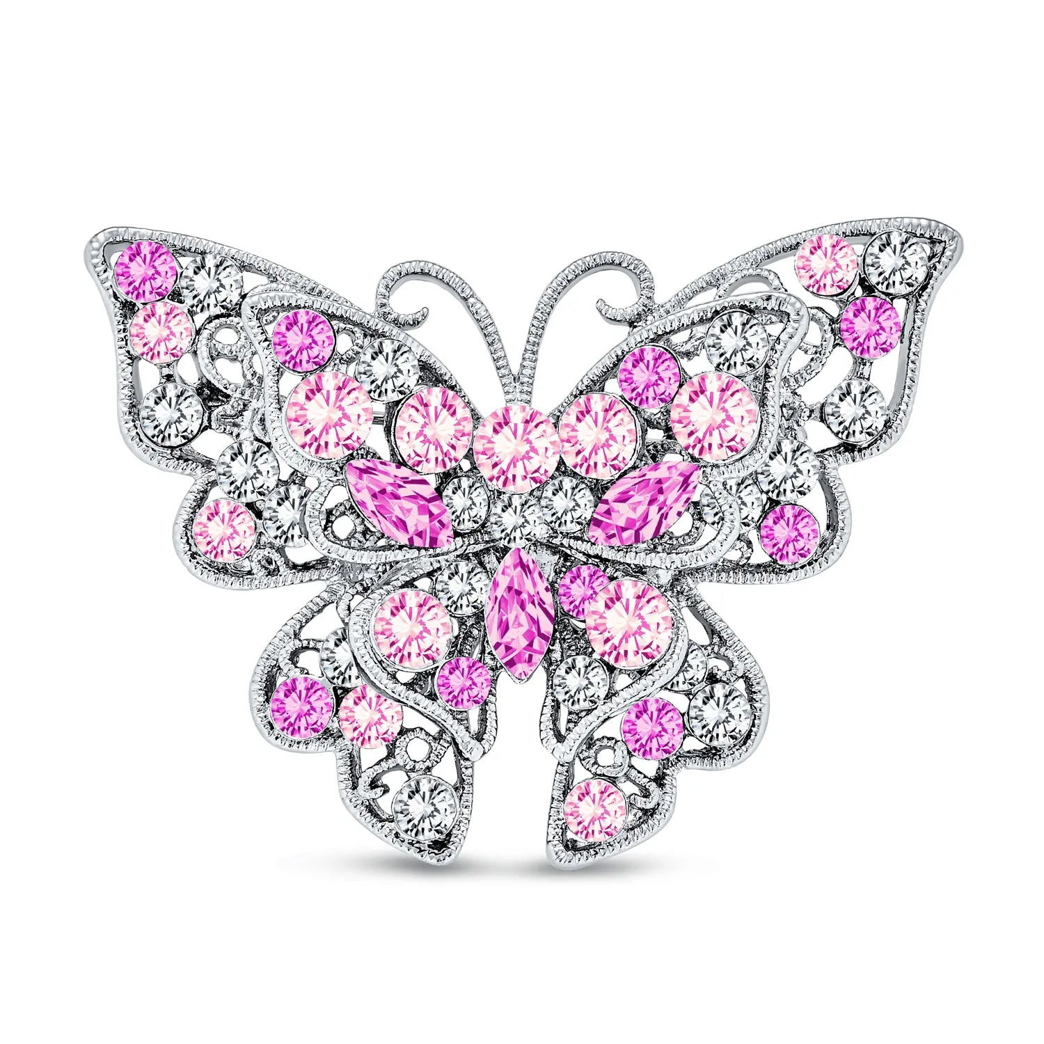 Large Crystal Filigree Butterfly Brooche Pin for Fashion Statement Silver Plated Brass