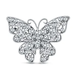 Large Crystal Filigree Butterfly Brooche Pin for Fashion Statement Silver Plated Brass