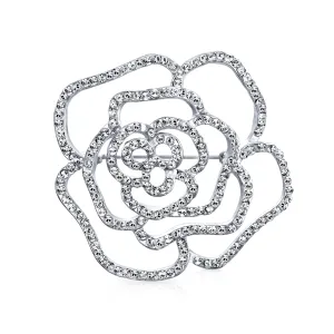 Large Fashion Statement Rose Flower Brooche Pin with Sparkling Crystals Silver Tone