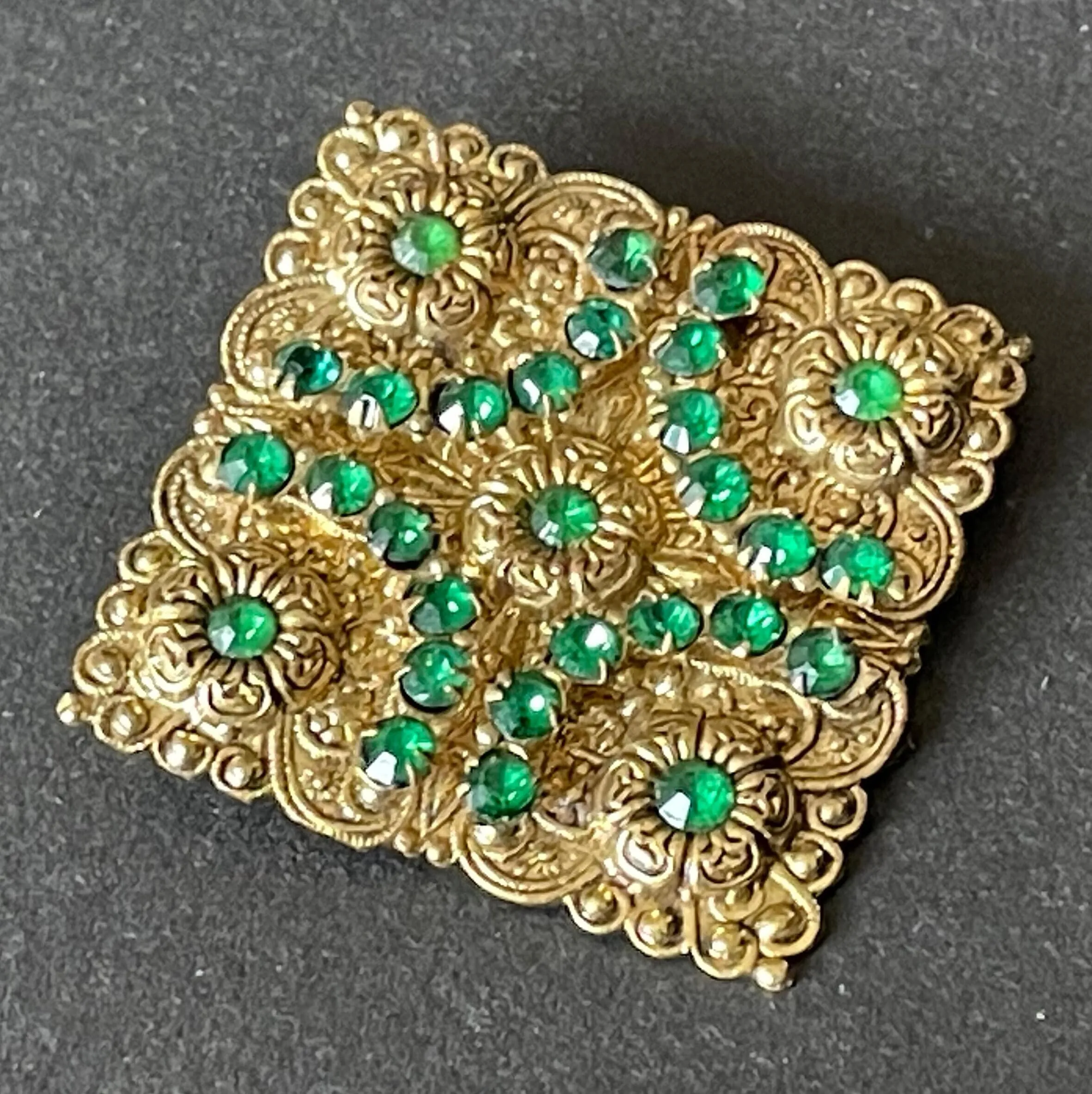 Large vintage Art Deco emerald green rhinestone and gold tone filigree Czech statement square brooch, flower design, Max Neiger style