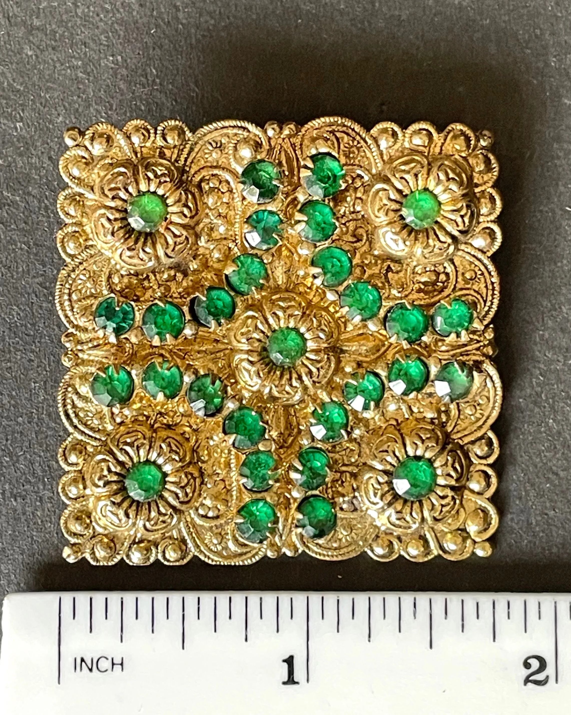 Large vintage Art Deco emerald green rhinestone and gold tone filigree Czech statement square brooch, flower design, Max Neiger style