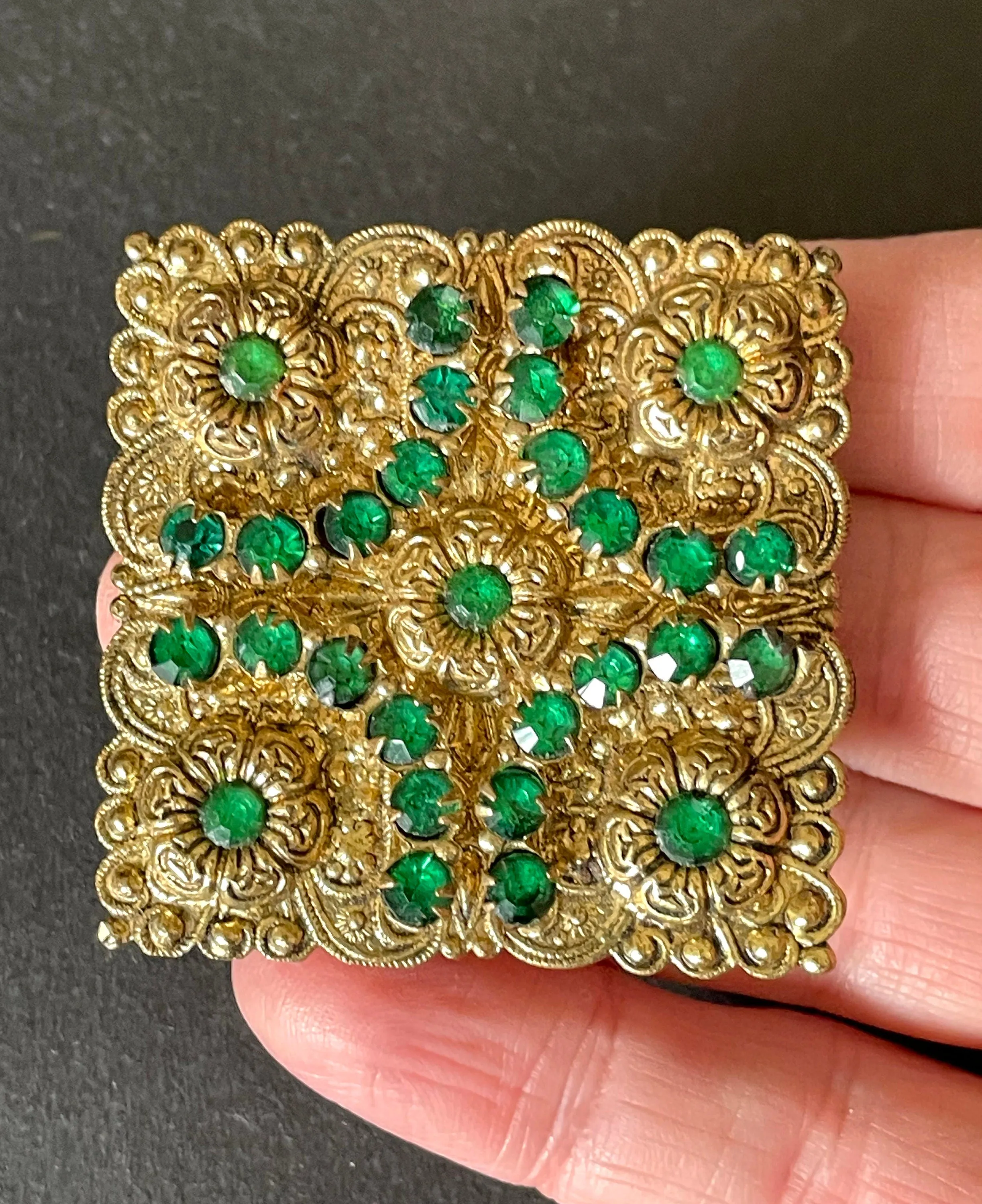 Large vintage Art Deco emerald green rhinestone and gold tone filigree Czech statement square brooch, flower design, Max Neiger style