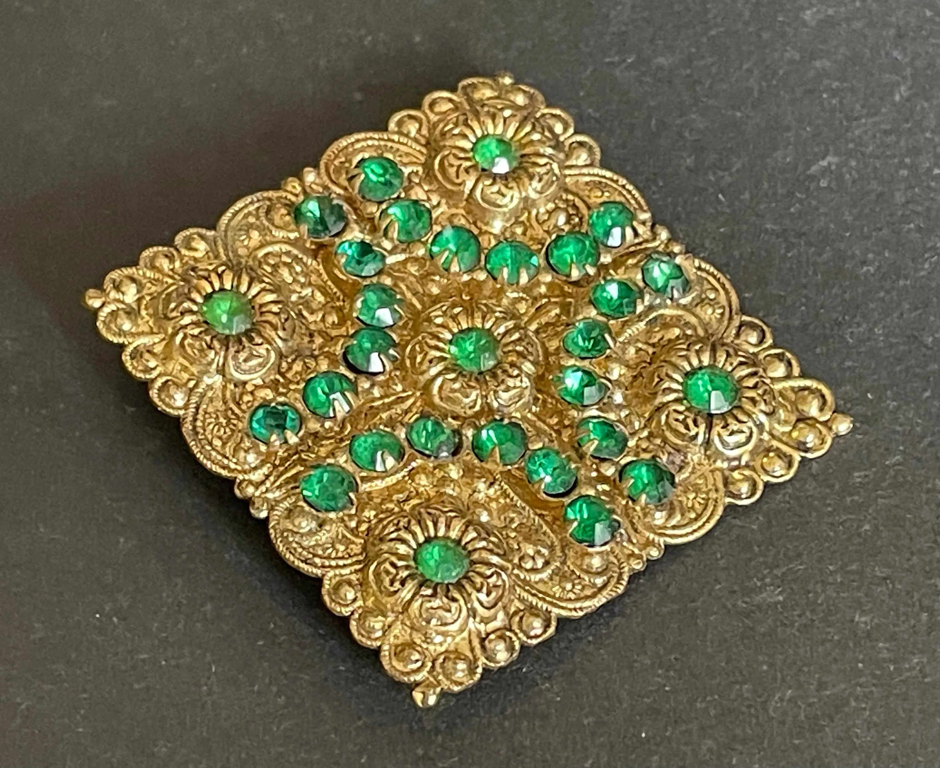 Large vintage Art Deco emerald green rhinestone and gold tone filigree Czech statement square brooch, flower design, Max Neiger style