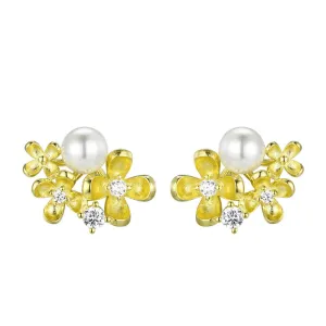 Laurel Flower Pearl Sterling Silver Stud Earrings