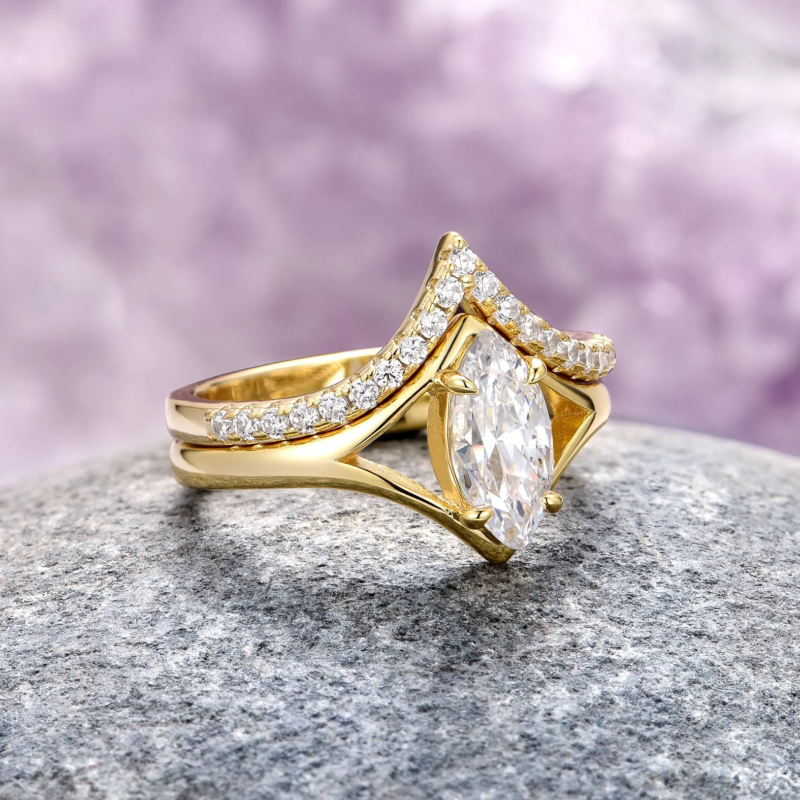 Marquise Diamond (cz) Ring Set- 14K Yellow Gold Vermeil