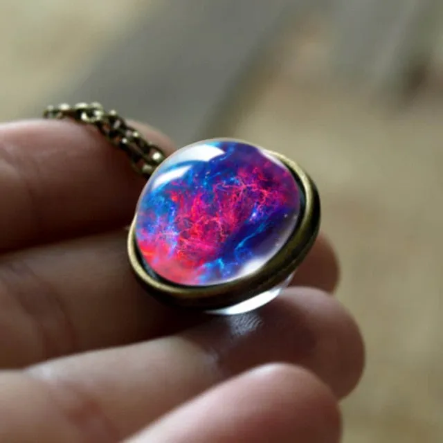 Nebula Galaxy Double Sided Pendant Necklace Glass Art Picture Handmade Statement Necklace