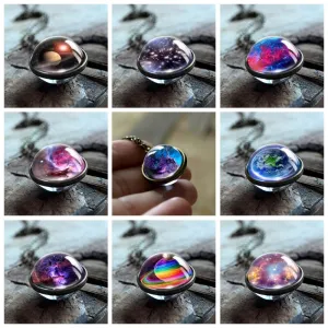 Nebula Galaxy Double Sided Pendant Necklace Glass Art Picture Handmade Statement Necklace