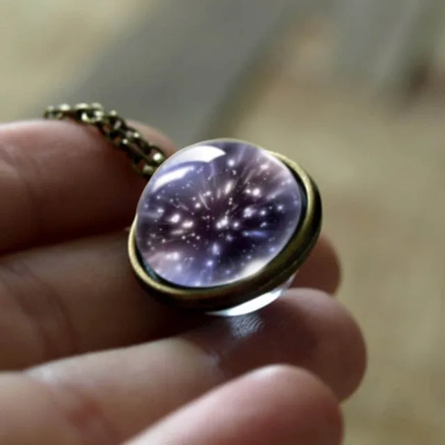 Nebula Galaxy Double Sided Pendant Necklace Glass Art Picture Handmade Statement Necklace