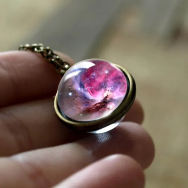 Nebula Galaxy Double Sided Pendant Necklace Glass Art Picture Handmade Statement Necklace