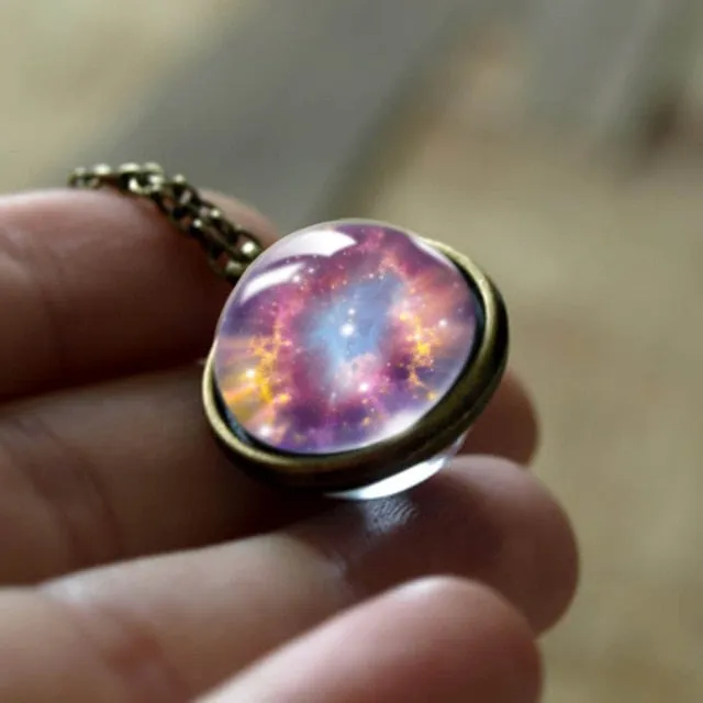 Nebula Galaxy Double Sided Pendant Necklace Glass Art Picture Handmade Statement Necklace