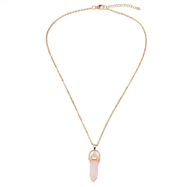 New Hexagonal Column Quartz Necklaces Pendants Fashion Natural Stone Bullet Pink Crystal Power Necklaces For Women Jewelry