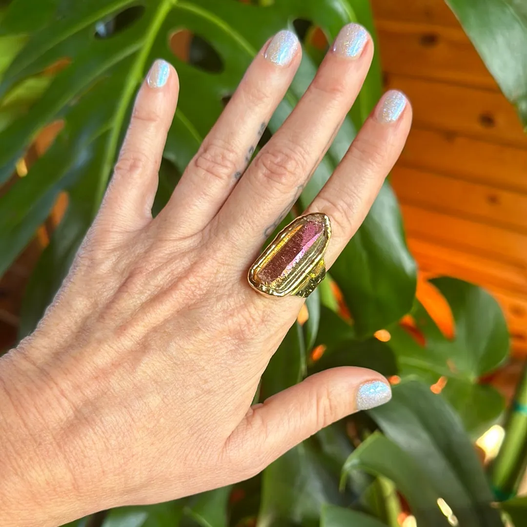 Peach Aura Lemurian Quartz Ring #23