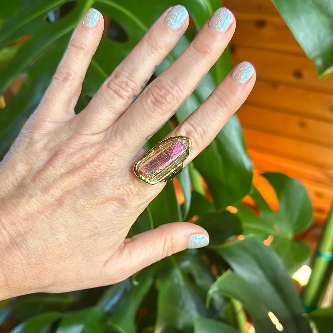 Peach Aura Lemurian Quartz Ring #23