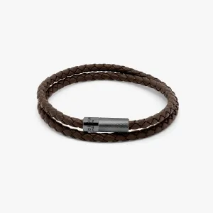 Pop Rigato Double Wrap Leather Bracelet In Brown With Black Ruthenium Silver