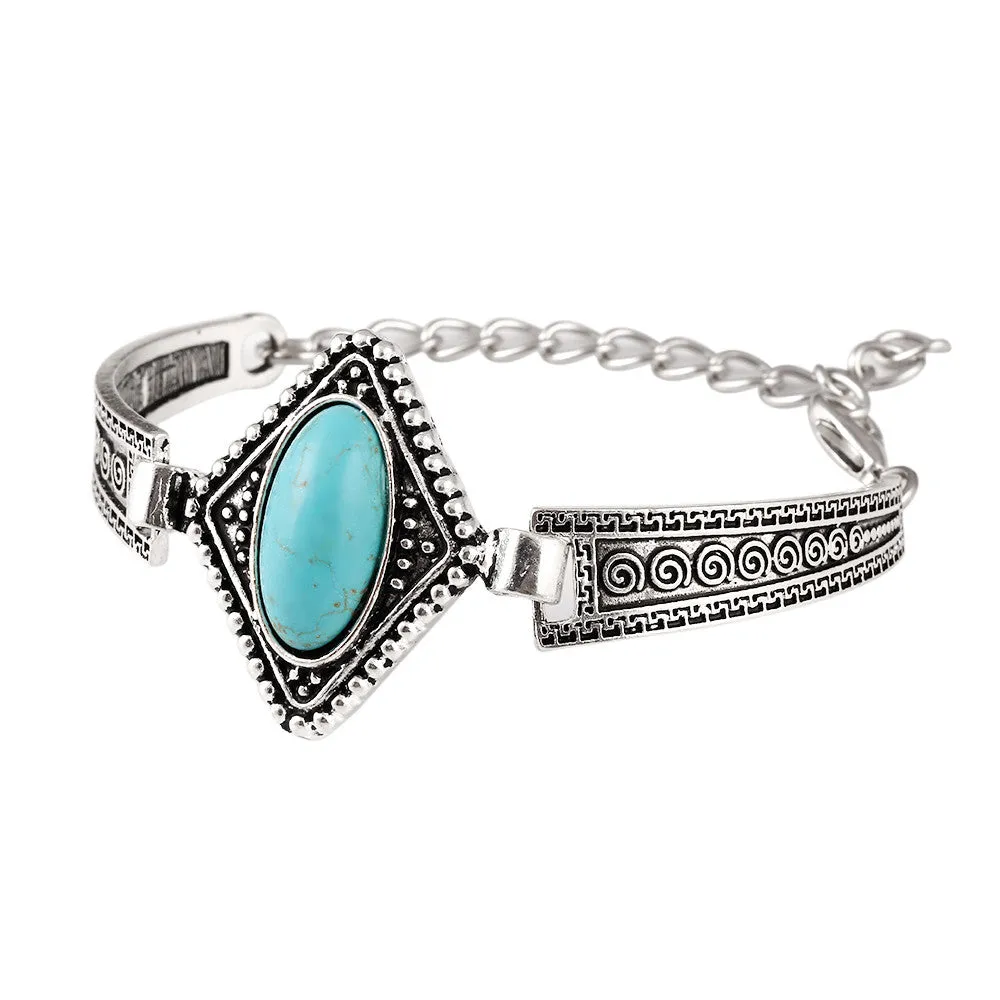 Pulsera Classic Turquoise Stone Geometric Bracelet Tibetan Silver Flower Alloy Metal Carved Charm Chain Bracelets Women