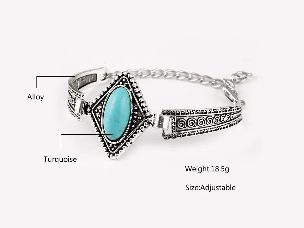 Pulsera Classic Turquoise Stone Geometric Bracelet Tibetan Silver Flower Alloy Metal Carved Charm Chain Bracelets Women