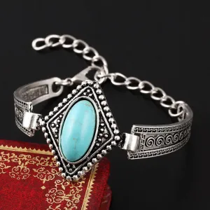 Pulsera Classic Turquoise Stone Geometric Bracelet Tibetan Silver Flower Alloy Metal Carved Charm Chain Bracelets Women