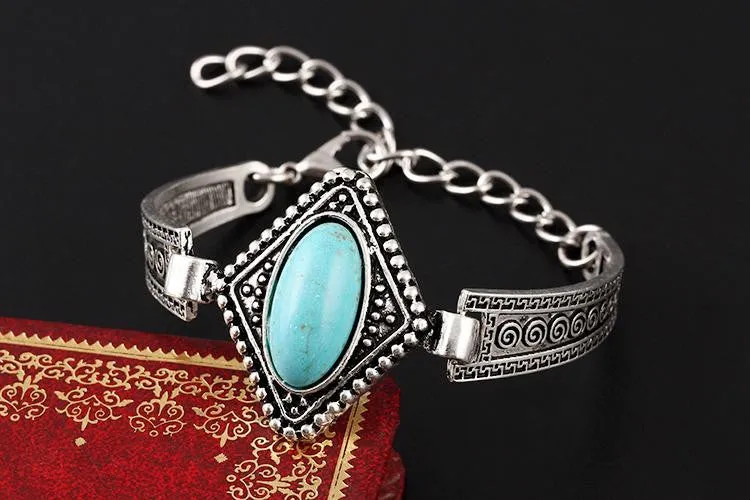 Pulsera Classic Turquoise Stone Geometric Bracelet Tibetan Silver Flower Alloy Metal Carved Charm Chain Bracelets Women