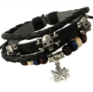 Punk Style Personality Skeleton Skull Rivets Bracelet Cute Maple Leave Bangles Leather Woven Men's Bracelets Band Wrap Jewelry