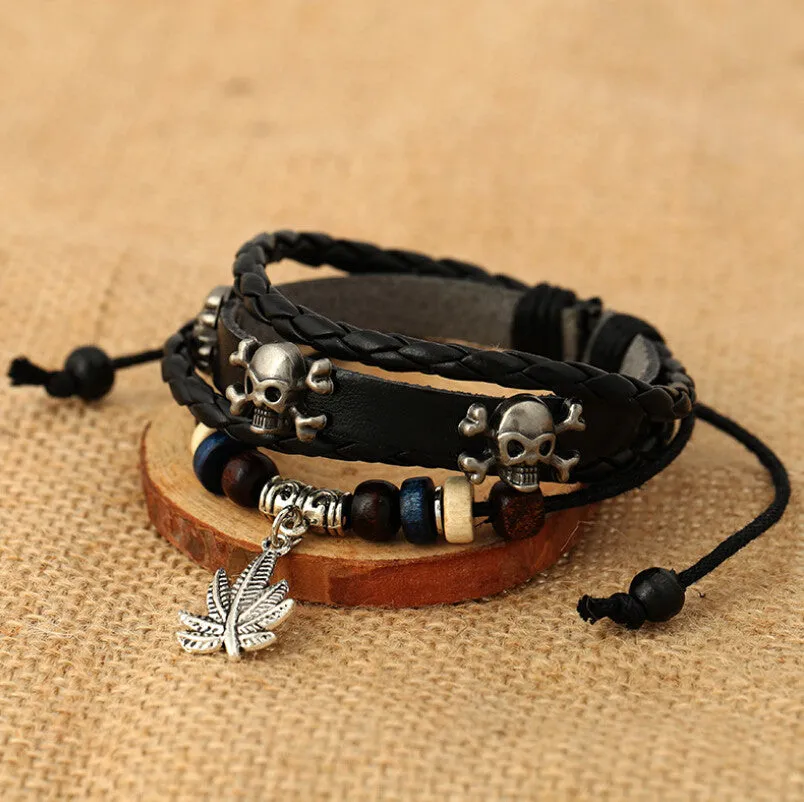 Punk Style Personality Skeleton Skull Rivets Bracelet Cute Maple Leave Bangles Leather Woven Men's Bracelets Band Wrap Jewelry