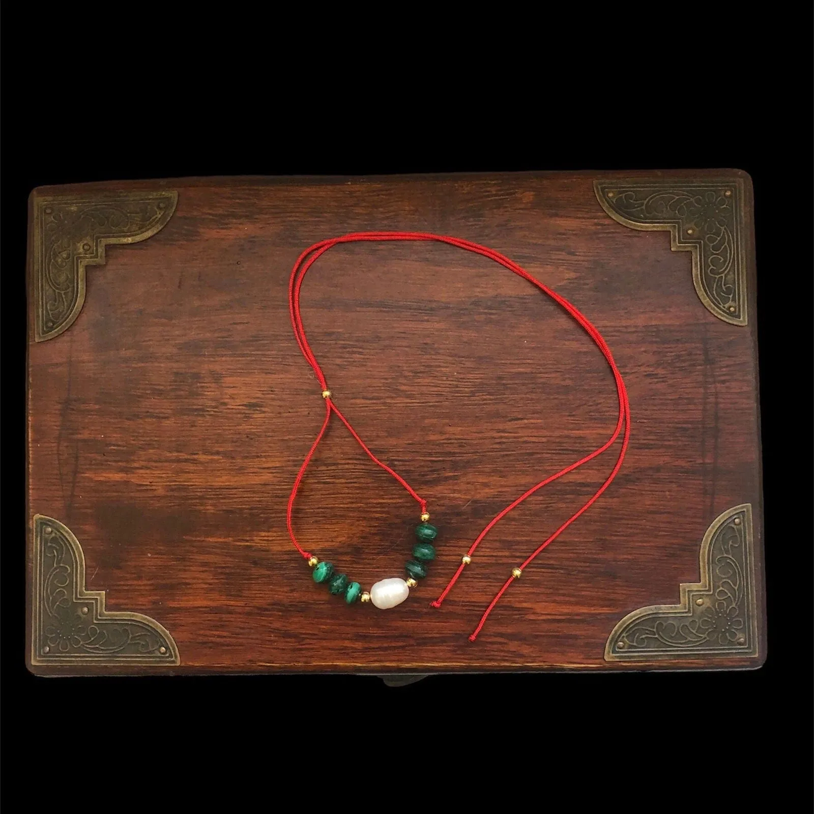 Red Thread Choker Necklace with Freshwater Pearl & Malachite